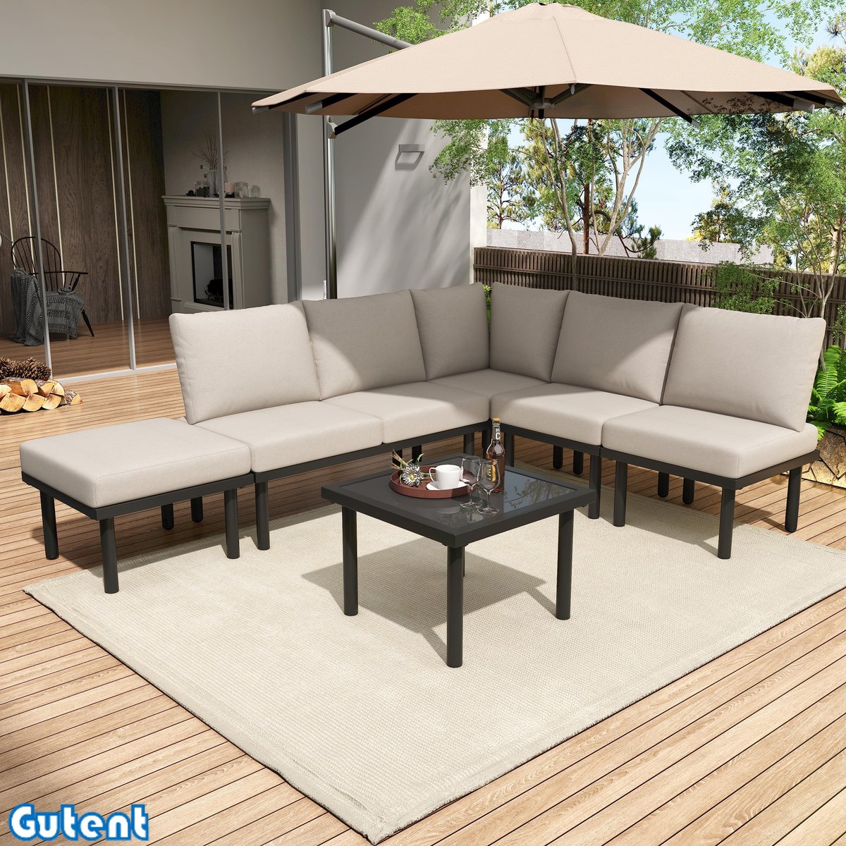Gutent Tuinstoelenset - Gegalvaniseerd ijzeren frame - Set van 6 - Beige touw - Verstelbare poten - Glazen blad - Inclusief alle zittingen en kussens - Beige - Geen parasol.