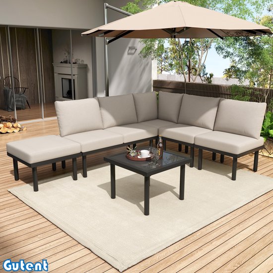 Gutent Tuinstoelenset - Gegalvaniseerd ijzeren frame - Set van 6 - Beige touw - Verstelbare poten - Glazen blad - Inclusief alle zittingen en kussens - Beige - Geen parasol.
