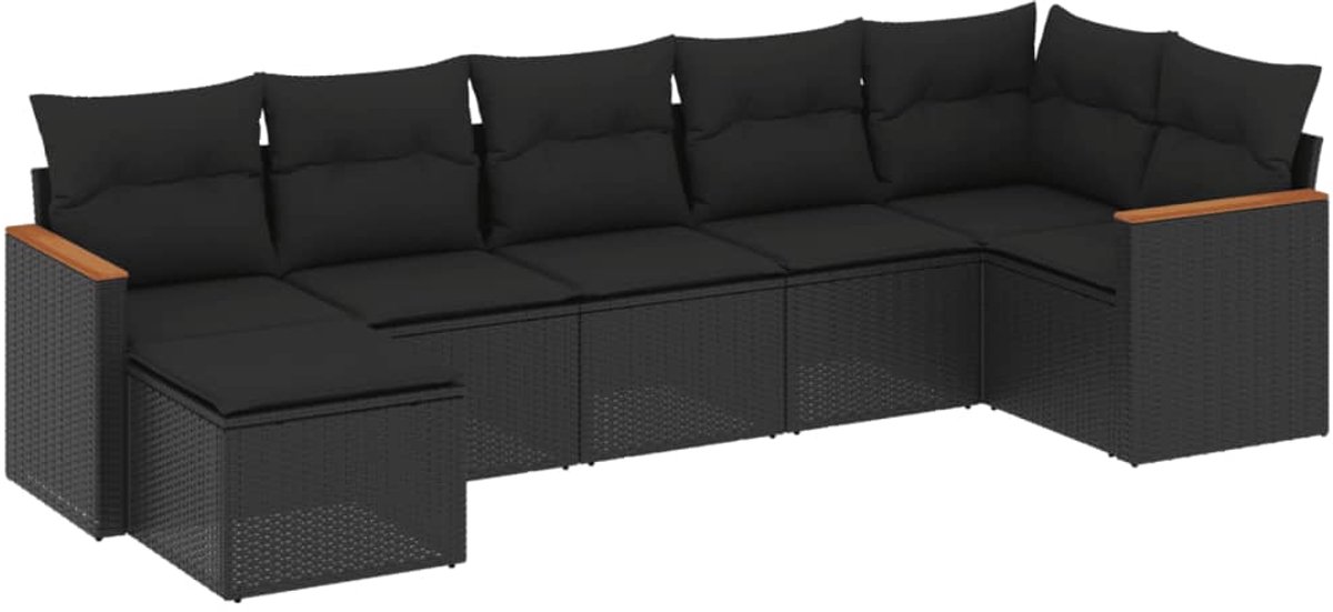 The Living Store 7-delige Loungeset met kussens poly rattan zwart - Loungeset - Tuinset - Lounge - Buitendecoratie - Garden Furniture