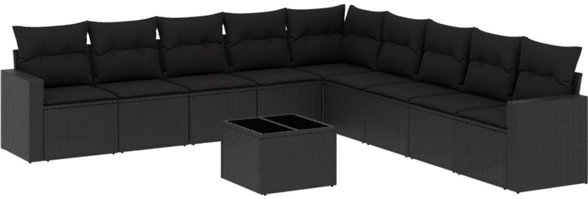 The Living Store 10-delige Loungeset met kussens poly rattan zwart - Tuinlounge - Lounge Set - Buitendecoratie - Buitenmeubels - Loungebank