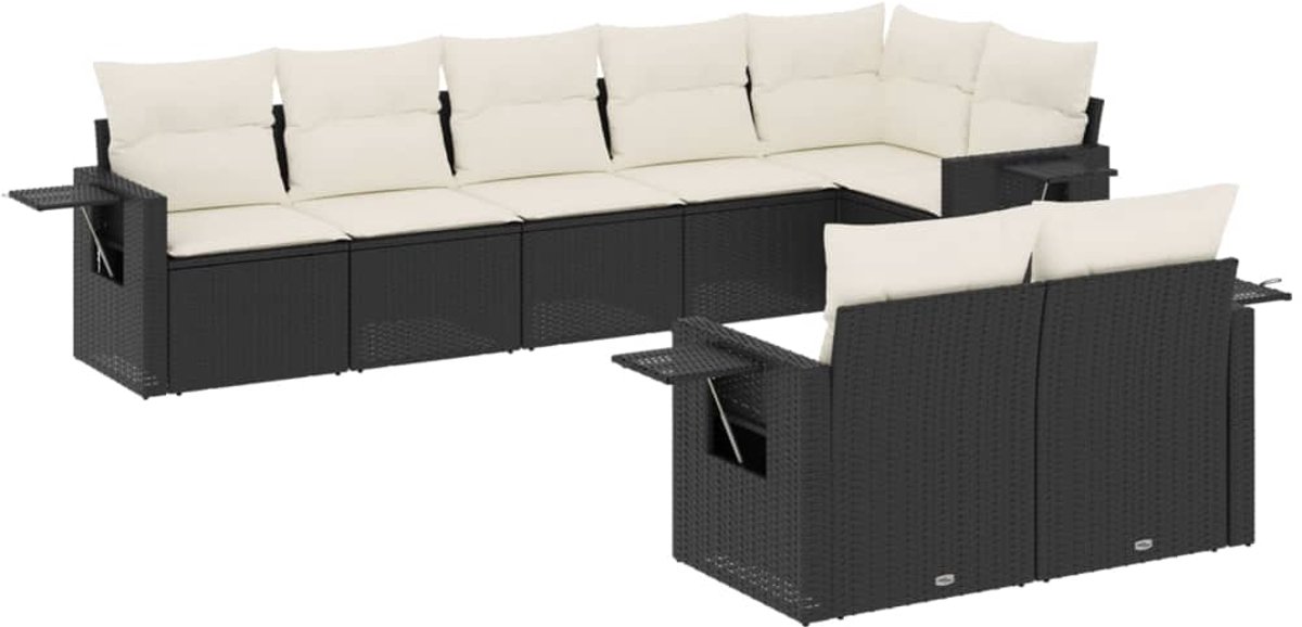 Zwarte poly rattan loungeset met kussens voor tuindecoratie.