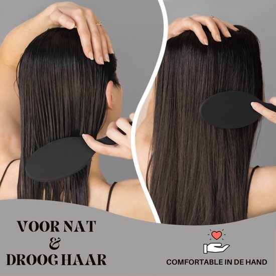 Voor en na: nat haar borstelen en droog haar borstelen met een zwarte haarborstel.
