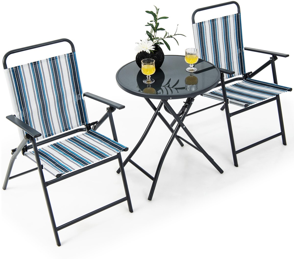 COSTWAY Bistrotafel met 2 stoelen, inklapbare balkonset, 3-delige tuinmeubelset, zitgroep, balkonmeubel, tuinmeubelen voor tuin, binnenplaats, balkon