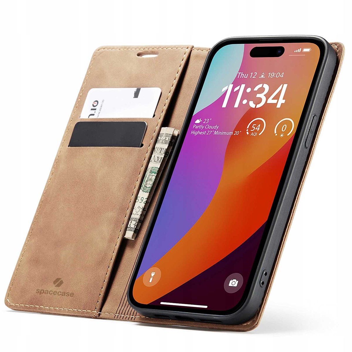 Spacecase Case Cover Voor Iphone 15 Pro Max Sc Wallet Lichtbruin