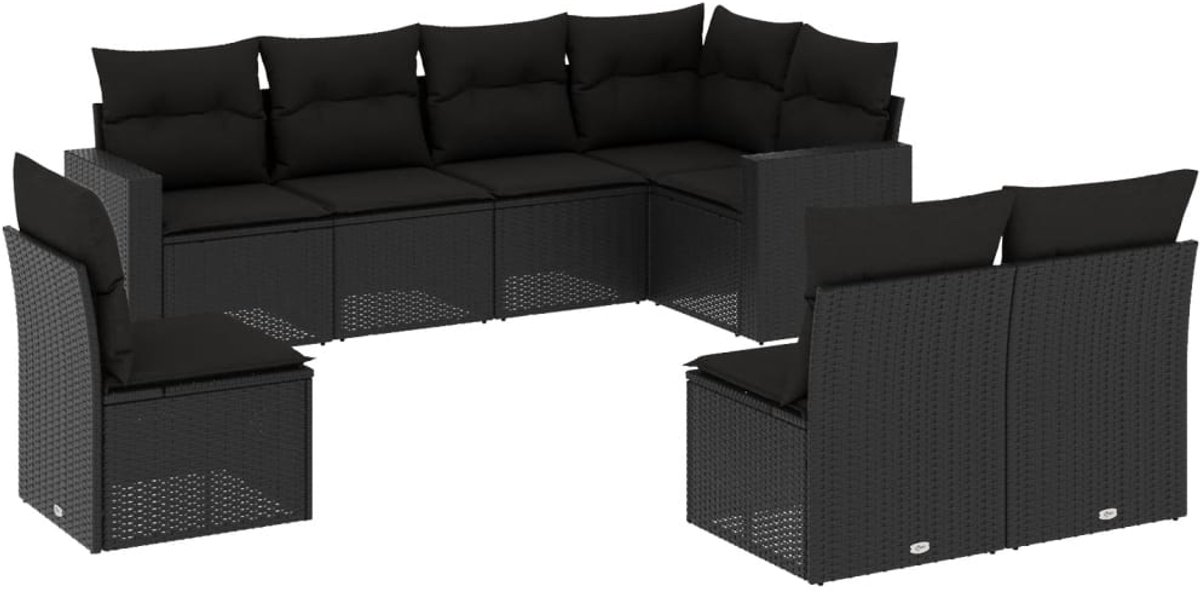 Zwarte poly rattan loungeset met kussens voor buiten - Tuinmeubilair.