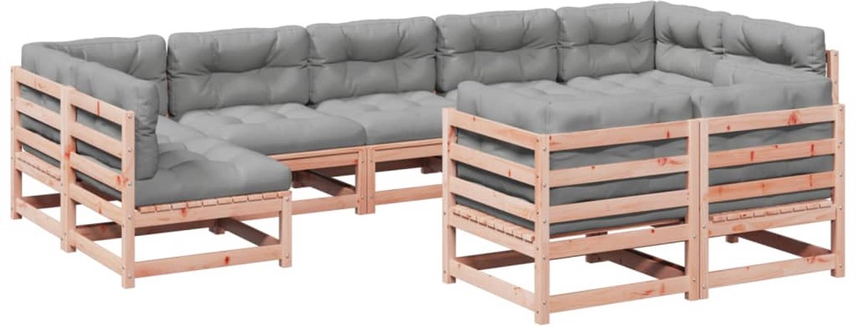 Massief douglas vurenhout loungeset met kussens in tuinsetting.