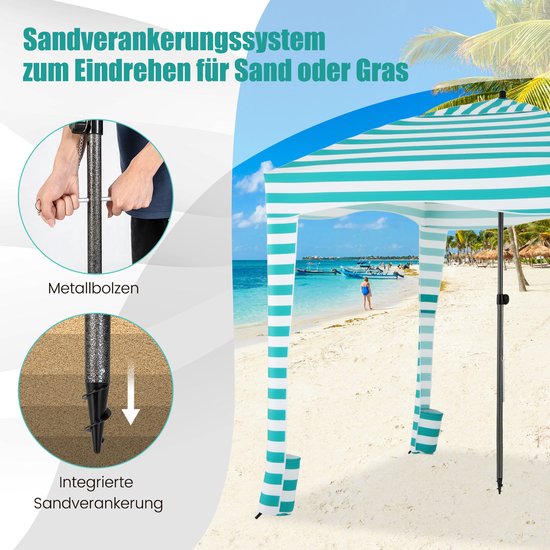 COSTWAY Zonwering met afneembare zijwand en 8 zandzakken, draagbare strandtent met draagtas, outdoor-schaduw voor strand, camping, picknick, 183 x 183 cm (wit-groen) van Merkloos — afbeelding 3