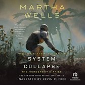 Boekomslag van "System Collapse" door Martha Wells. Een bepantserd personage knielt in een woestijnlandschap met in de verte een spinachtige robot.