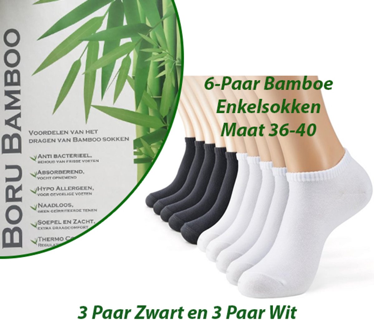 6-Paar Beschermde Voeten met Bamboe Enkelsokken Maat 36-40 Kleuren 3x Wit en 3x Zwart