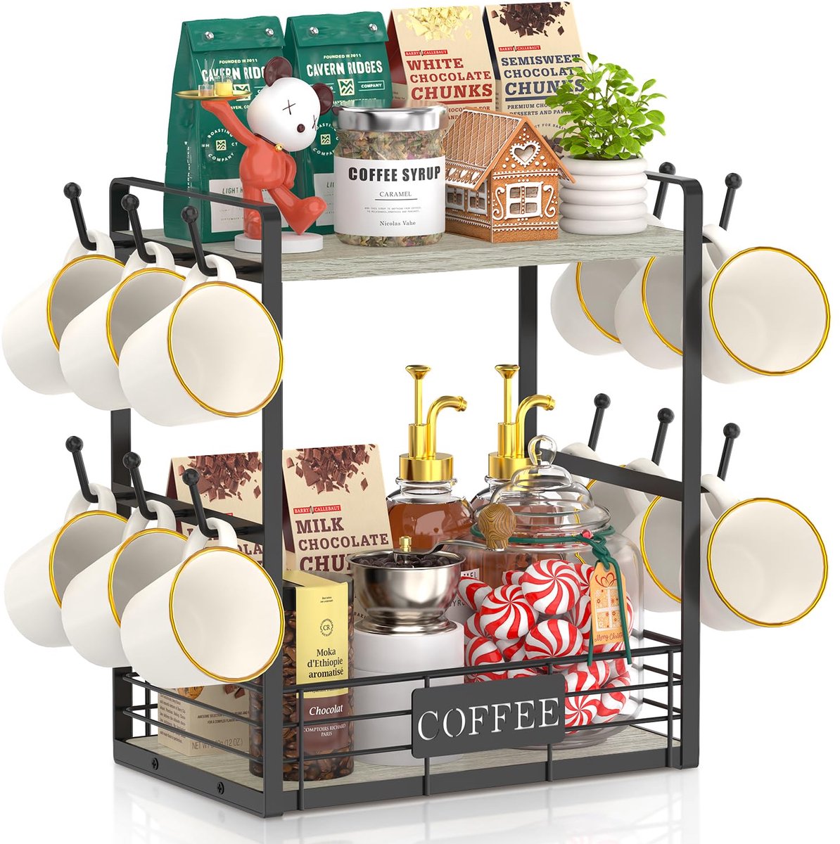 My Ninki ® Twee-Lagen Tassenhouder en Organizer voor Koffiebar en Keuken met 12 Haken en Opbergmand