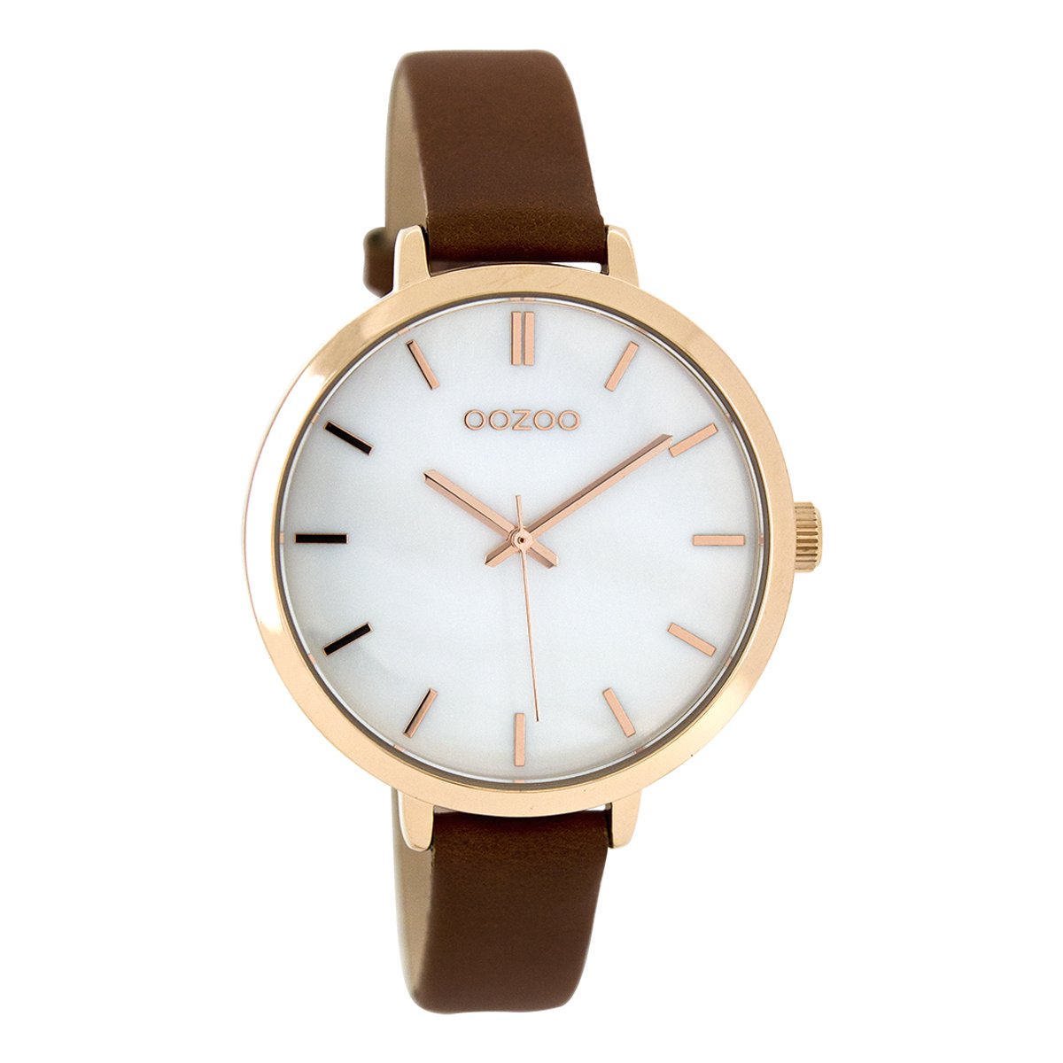 OOZOO Timepieces - Rosé goudkleurige horloge met bruine leren band - C8358