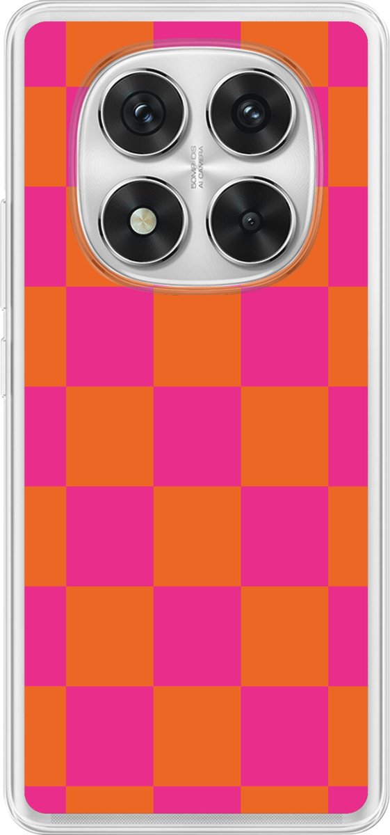 Telefoonhoesje Geschikt voor Redmi Note 14 Pro hoesje - Schaakbord print - Oranje - Roze - Blokjes - Siliconen Telefoonhoesje Telefoonhoesje