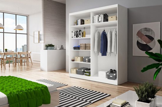 Schuifdeurkast LARA 01 – 2-deurs kledingkast met spiegel, legplanken en kledingroede – modern design – 150x200x61 cm - LARA 01 (Sonoma + Wit)