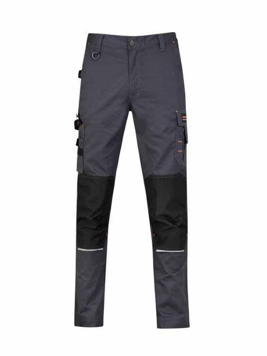 Pantalon de travail gris foncé avec genoux noirs renforcés, détails orange et poches.