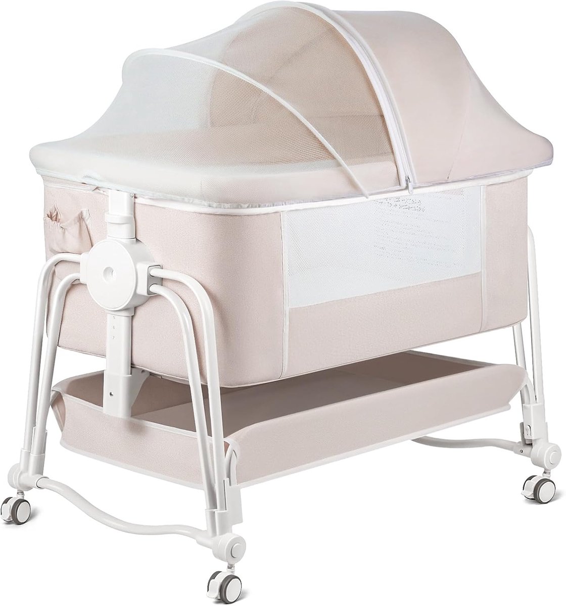 Image of 4-in-1 bijzetbed voor baby's, babybed, reisbed voor baby's met matras, bijzetbed in 7 vakken, in hoogte verstelbaar, met opbergmand, draagbare wieg met wieltjes, muggennet (crèmekleurig)