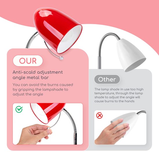 Vergelijking van een rode lamp met een anti-broei metalen stang voor hoekaanpassing met een witte lamp met een hete lampenkap.