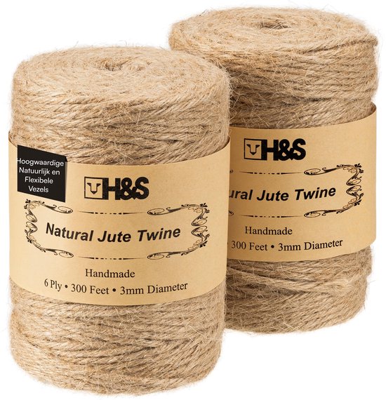 H&S 2x rol jute touw - 183 m lang - 3 mm dik - Jute garen 6-laags gedraaid - Sterk en natuurlijk - Koord voor knutselen tuinieren of cadeau decoratie