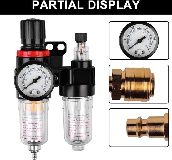 Perslucht waterafscheider met olienevel, drukregelaar voor compressor, 1/4 inch filter met snelkoppeling