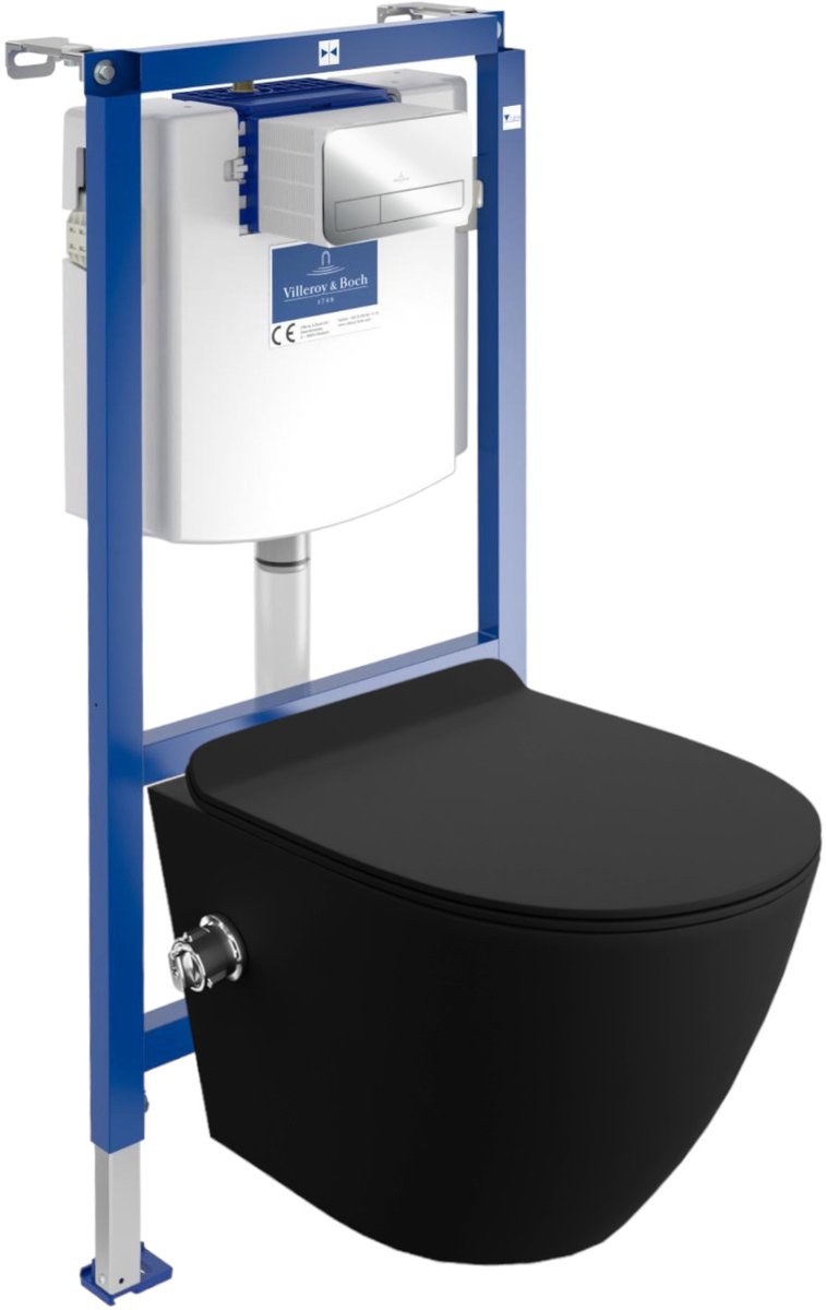 Villeroy&Boch Inbouwreservoir Complete Toiletset ViConnect H112 - Inbouw WC Hangtoilet Wandcloset SALTO BLACK - Bedieningsplaat Chroom - Voorwandelement voor toilet - Installatiesysteem