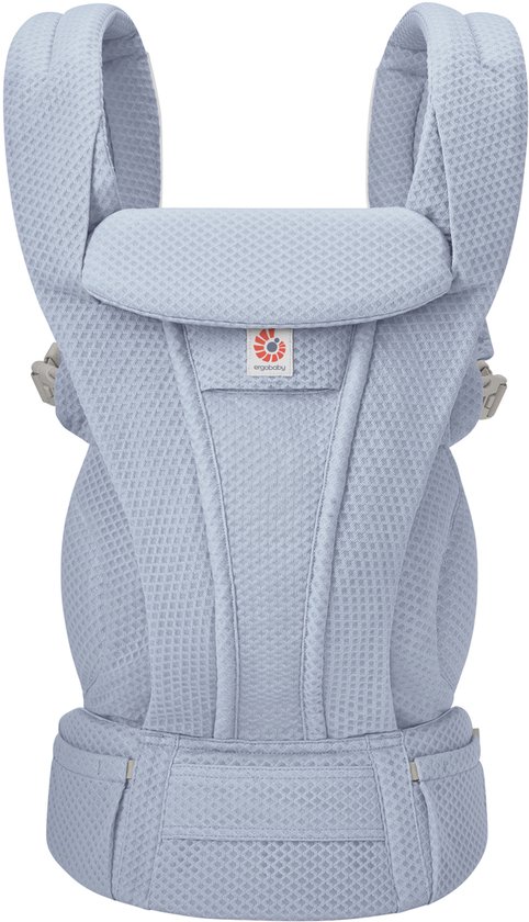 Lichtblauwe Ergobaby Omni draagzak in wafelstructuur stof, met het Ergobaby logo.