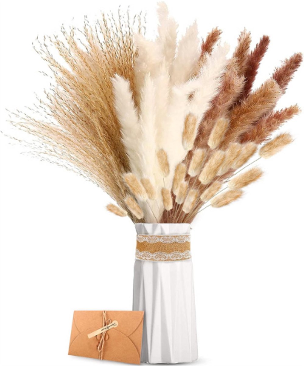 Gedroogd Pampasgras - Natuurlijke Gedroogde Bloemen - Bruin - Wit Pampasgras Pluizige Bladeren - Lagurus en Zegge Gedroogde Bloemen Boeket - Gedroogde Bloemen Voor Bloemstuk Home Decor