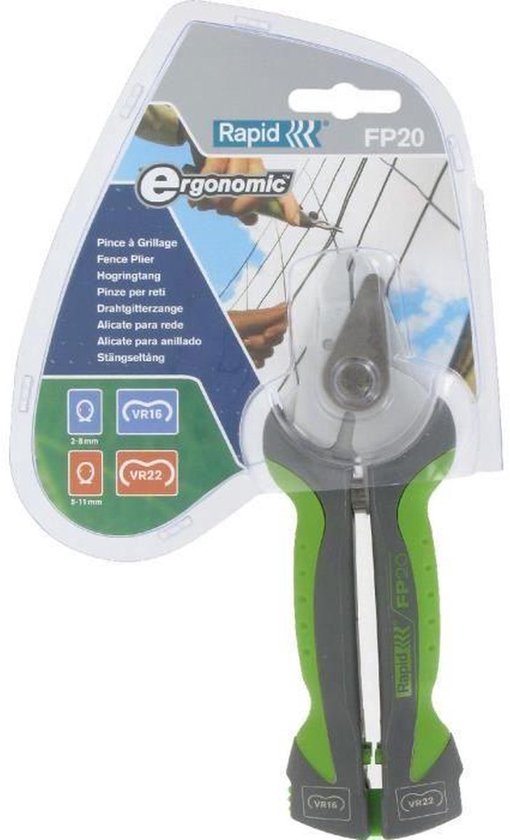 Verpakking met een groen-grijze hekwerktang. De tang heeft een ergonomische grip en op de voorkant staat 'Rapid FP20'.