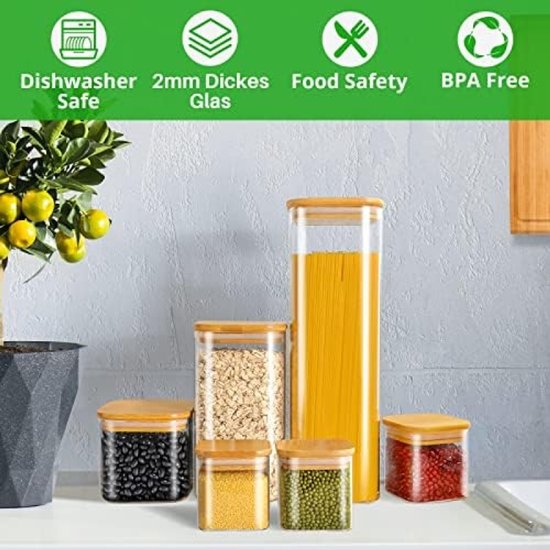 FINEW Set van 10 glazen voorraadpotten met deksel, hoekige voorraadpotten 2500ml/1500ml/750ml/350ml, grote luchtdichte glazen voorraadpotten, keukenkruidenpotten voor spaghetti, muesli, meel, kruiden