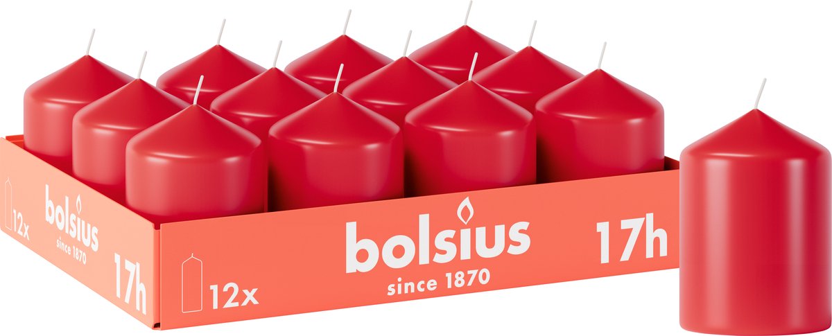 Bolsius - Gladde Stompkaarsen - 12 stuks - Rood - 17 branduren - 8 x 5,8 cm