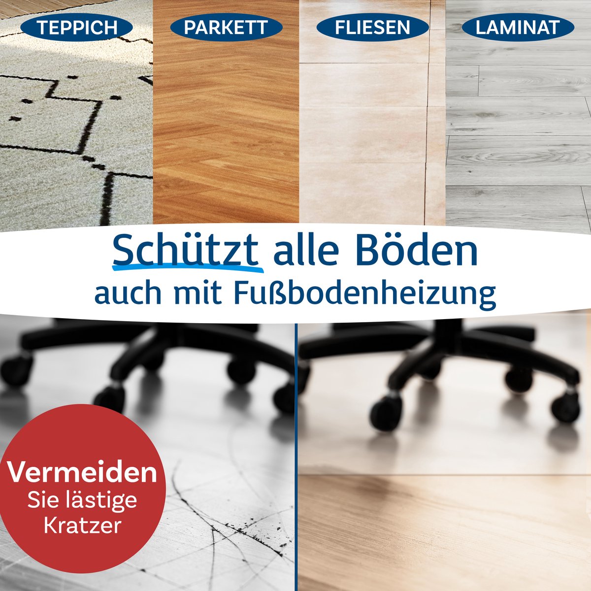 FLOORDIREKT Vloerbeschermer - Neo - Bureaustoelmat voor harde vloeren - Geluiddempend - PVC - Transparant - 90 x 150 cm