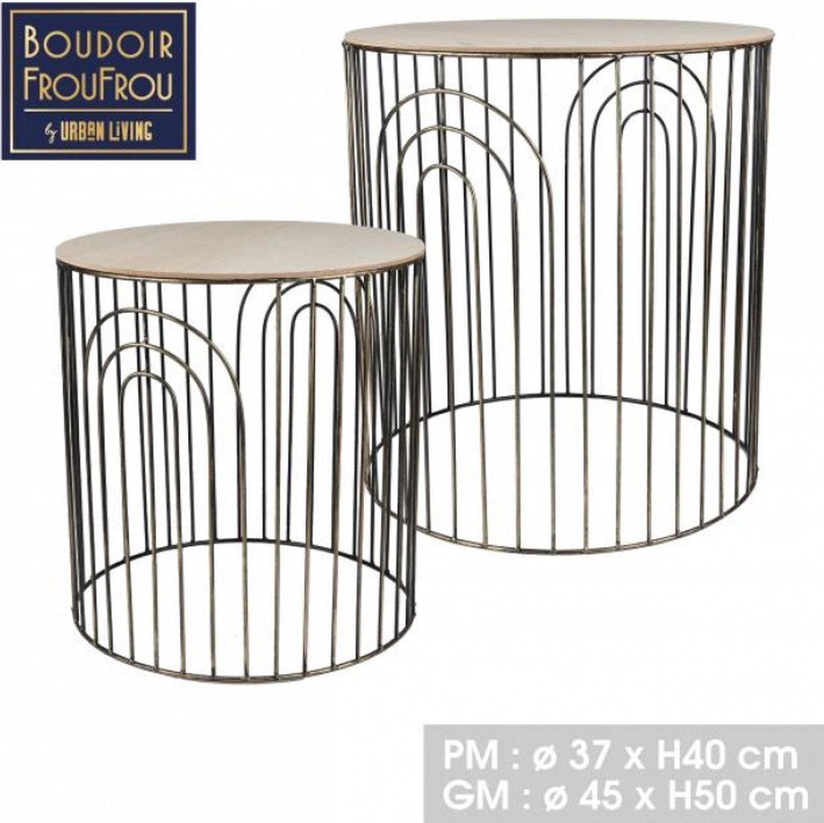 Urban Living "BOUDOIR FROUFROU" Set van 2 ronde salontafels van metaal en hout - Ø37 x H40 cm en Ø45 x H50 cm. Donkerkleurig metaal en houtlook tafelblad