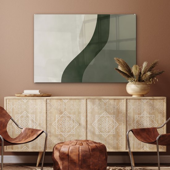 MuchoWow® Tableau sur verre 90x60 cm - Tableau sur verre acrylique - Japandi - Vert - Abstrait - Moderne - Photo sur verre - Décoration murale salon - Décoration murale chambre - Peintures