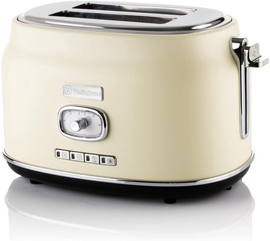 Westinghouse Retro Broodrooster – 2 Sneden – Extra Brede Sleuven – Warmhoudrek – 815W – Beige