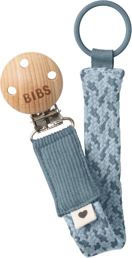 Lichtblauwe fopspeenketting van BIBS met houten clip en gevlochten band.