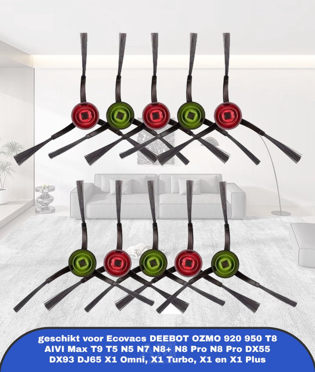 (10 Stuks) Zijborstel Vervangende Onderdelen geschikt voor Robotstofzuiger Ecovacs DEEBOT OZMO 920 950 T8 AIVI Max T9 T5 N5 N7 N8+ N8 Pro N8 Pro DX55 DX93 DJ65 X1 Omni, X1 Turbo, X1 en X1 Plus