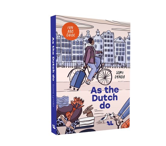 Boekcover: 'As the Dutch do', een ABC-gids. Een persoon op de fiets met een koffer in de grachten van Amsterdam, met tulpen, een hond en vogels.