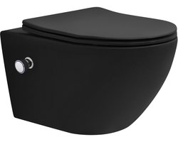 LuxeBath wandcloset randloos met bidetfunctie zwart, diepspoel keramisch wandcloset, lang 54cm, douchewc soft-close toiletdeksel tornado spoeling, toiletpot glanzend hangend