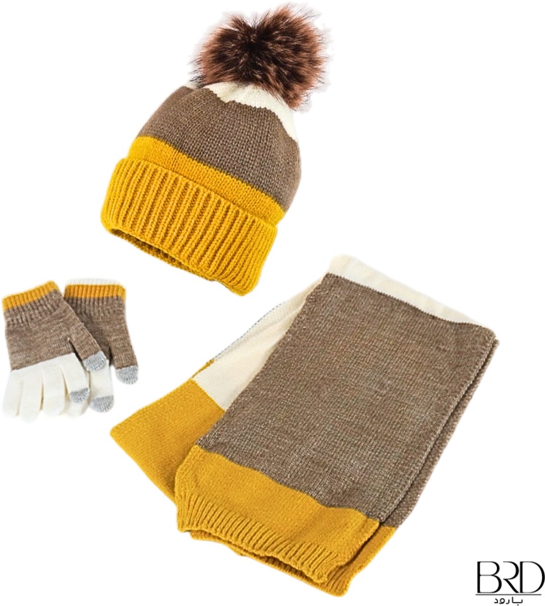 BRD Winter® | Geel kind 3 delige winterset | Gevoerde muts met pompon, sjaal en handschoenen | Beige Bruin Geel Wit zacht gebreid