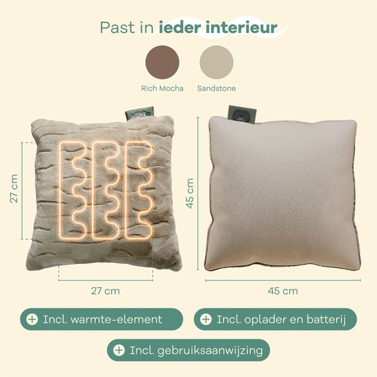 Afmetingen van het Sandstone Beige Zenwave warmtekussen: 27x27 cm en 45x45 cm. Inclusief warmte-element, oplader en batterij.