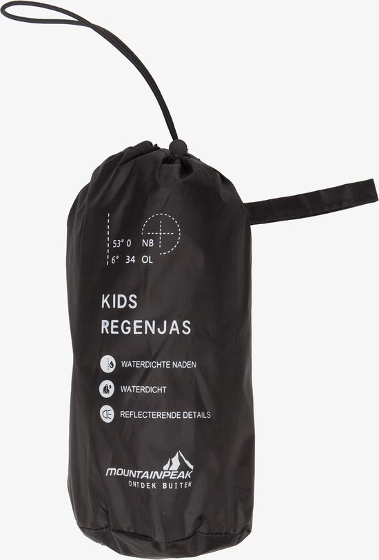 Zwarte kinder regenjas van Mountain Peak, opgevouwen in een zakje met tekst.