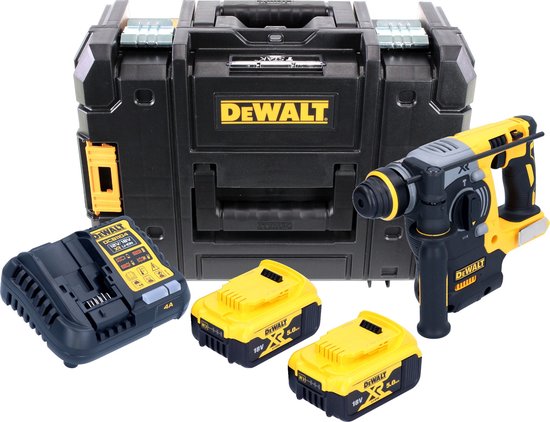 Gele en zwarte DeWalt SDS-plus combihamer, 2 accu's, lader en TSTAK koffer.