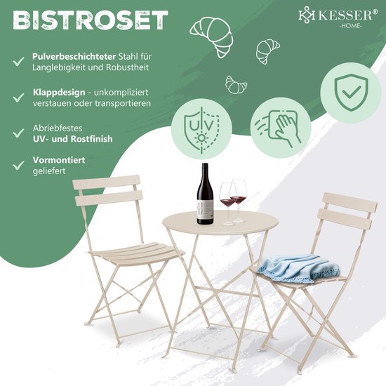Set Bistro 3 Pièces KESSER - Table Et 2 Chaises Pliantes - Métal Robuste - Idéal Terrasse, Balcon, Jardin