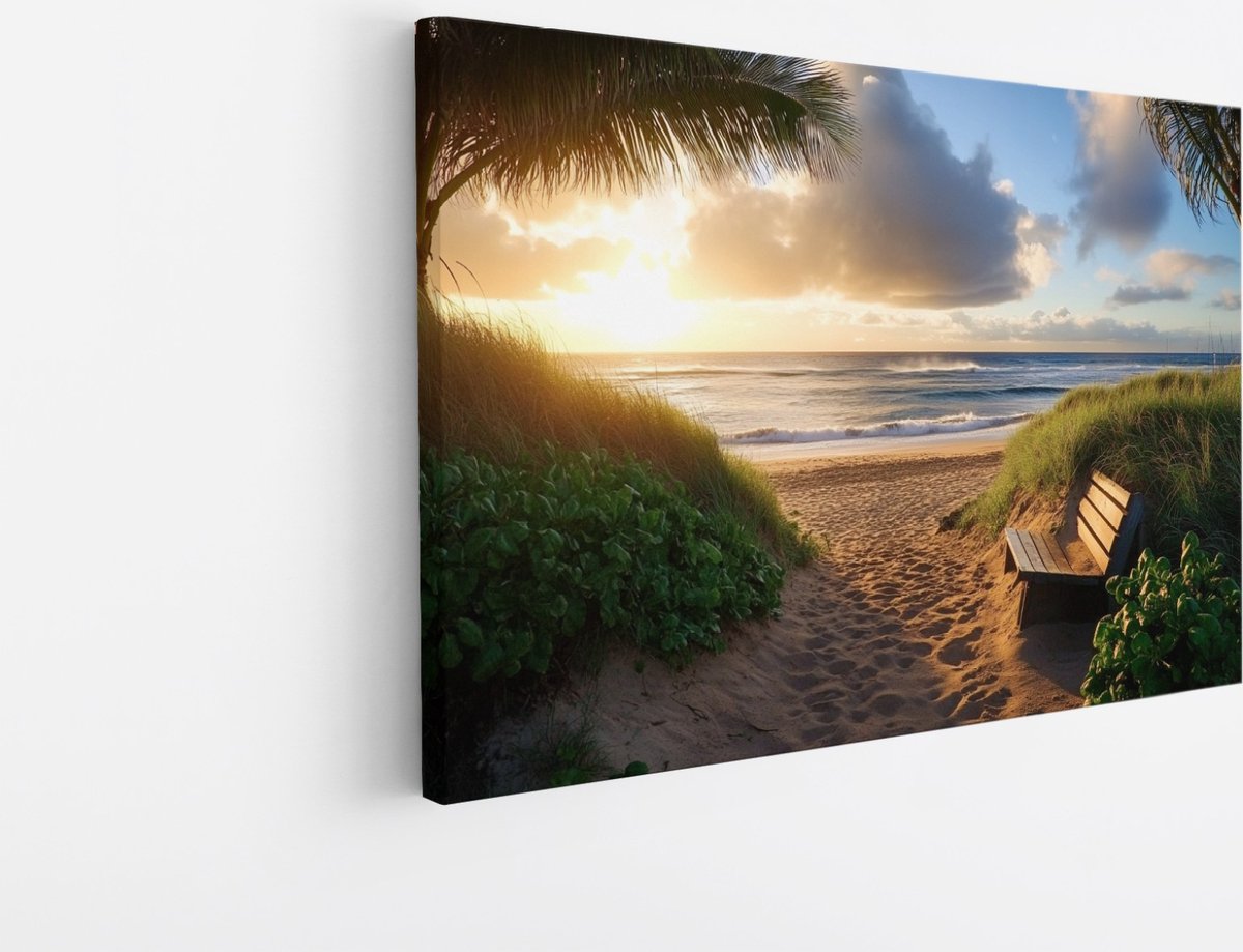 Saammp Canvas Schilderij - Strand Bankje - Zee - Duinen - 70x50 - Foto op canvas - Wanddecoratie - muurdecoratie Woonkamer - Slaapkamer decoratie - Canvas Print Multicolor