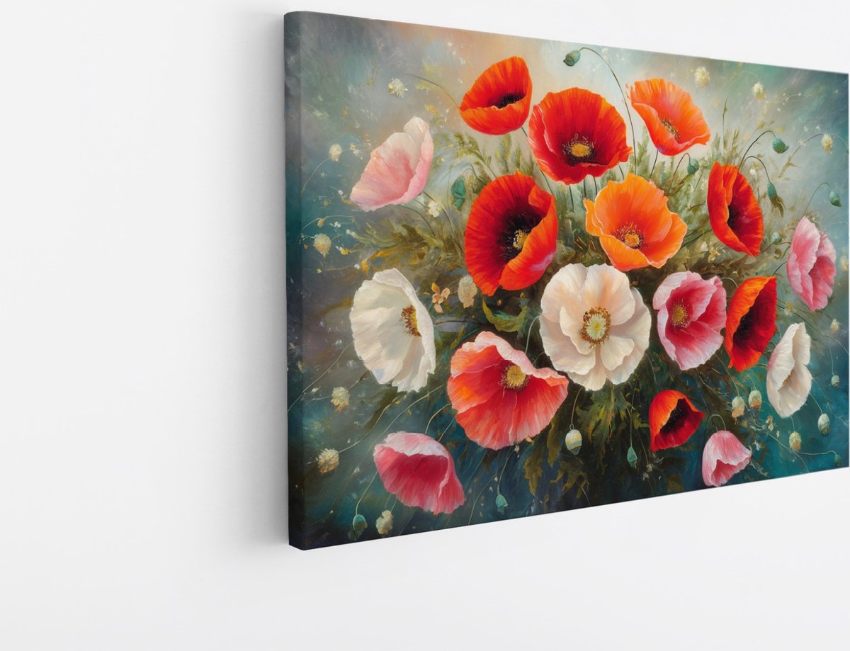 Saammp Canvas Schilderij - Bloemen Boeket Wit en Oranje - Natuur - Abstract - 40x30 - Foto op canvas - Wanddecoratie - Muurdecoratie Woonkamer - Kantoor Decoratie Multicolor