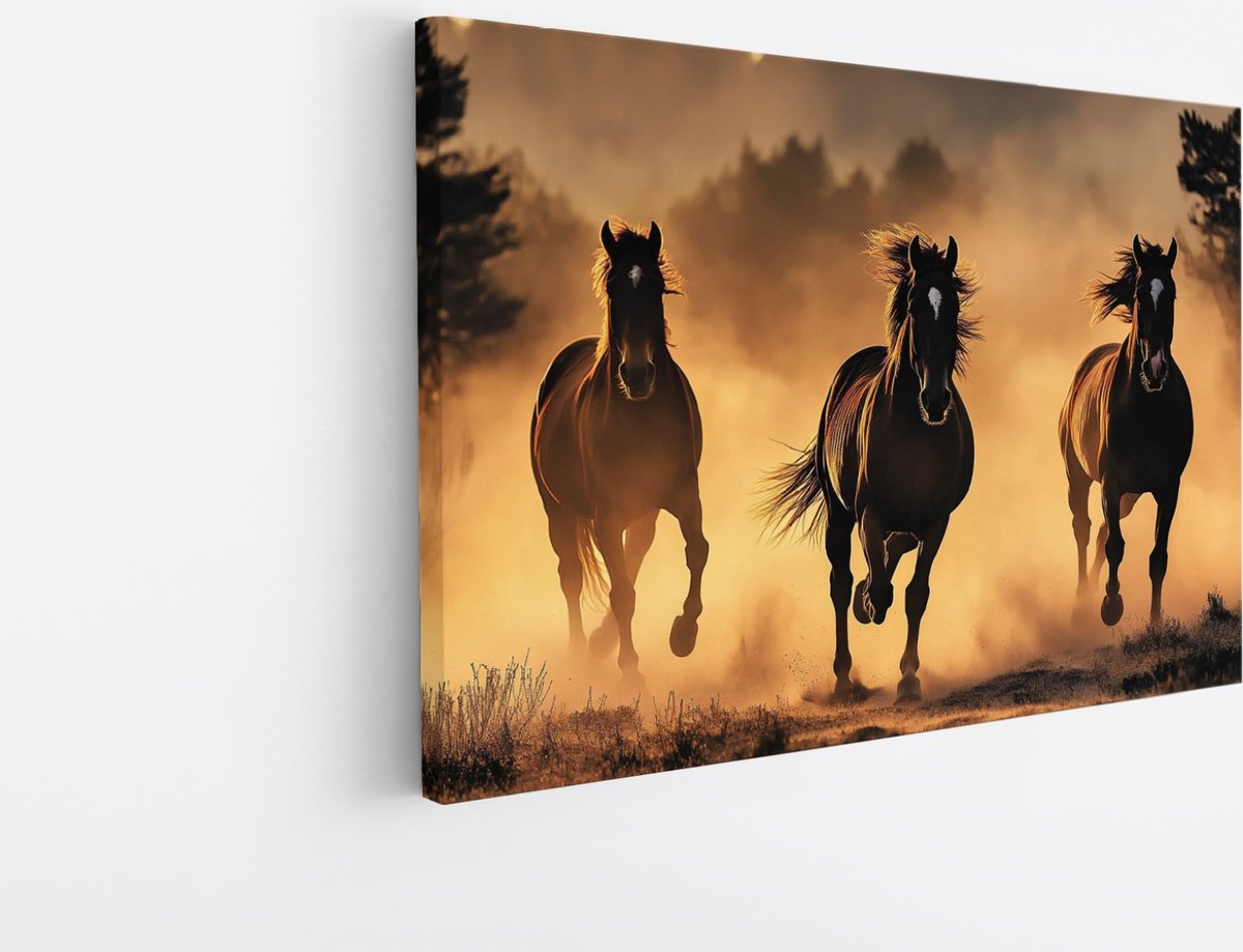 Saammp Canvas Schilderij - Paarden in Galop - Natuur - Dieren - 40x30 - Foto op canvas - Wanddecoratie - Muurdecoratie Woonkamer - Slaapkamer decoratie - Canvas Print Multicolor