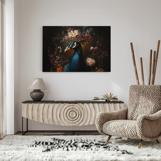 Saammp Canvas Schilderij - Pauw met kroon - Bloemen - Dieren - Natuur - 60x40 - Foto op canvas - Wanddecoratie - muurdecoratie Woonkamer - Slaapkamer decoratie - Canvas Print