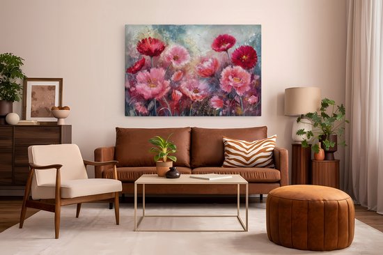 Saammp Canvas Schilderij - Roze met rode bloemen - Abstract - 30x20 - Foto op canvas - Wanddecoratie - Muurdecoratie Woonkamer - Kantoor Decoratie
