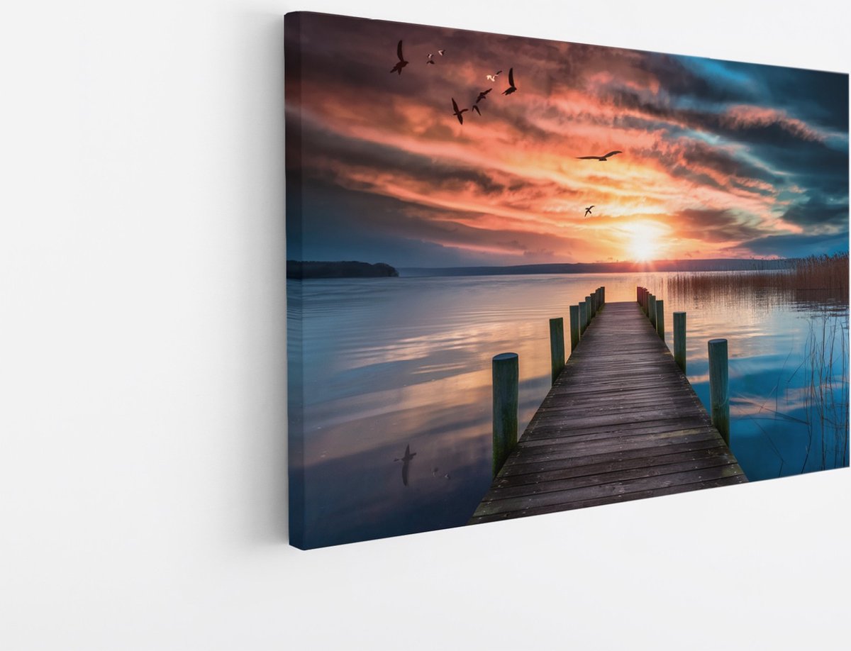 Saammp Canvas Schilderij - Steiger met vogels - Landschap - Natuur - 60x40 - Foto op canvas - Wanddecoratie - Muurdecoratie Woonkamer - Slaapkamer decoratie - Canvas Print Multicolor