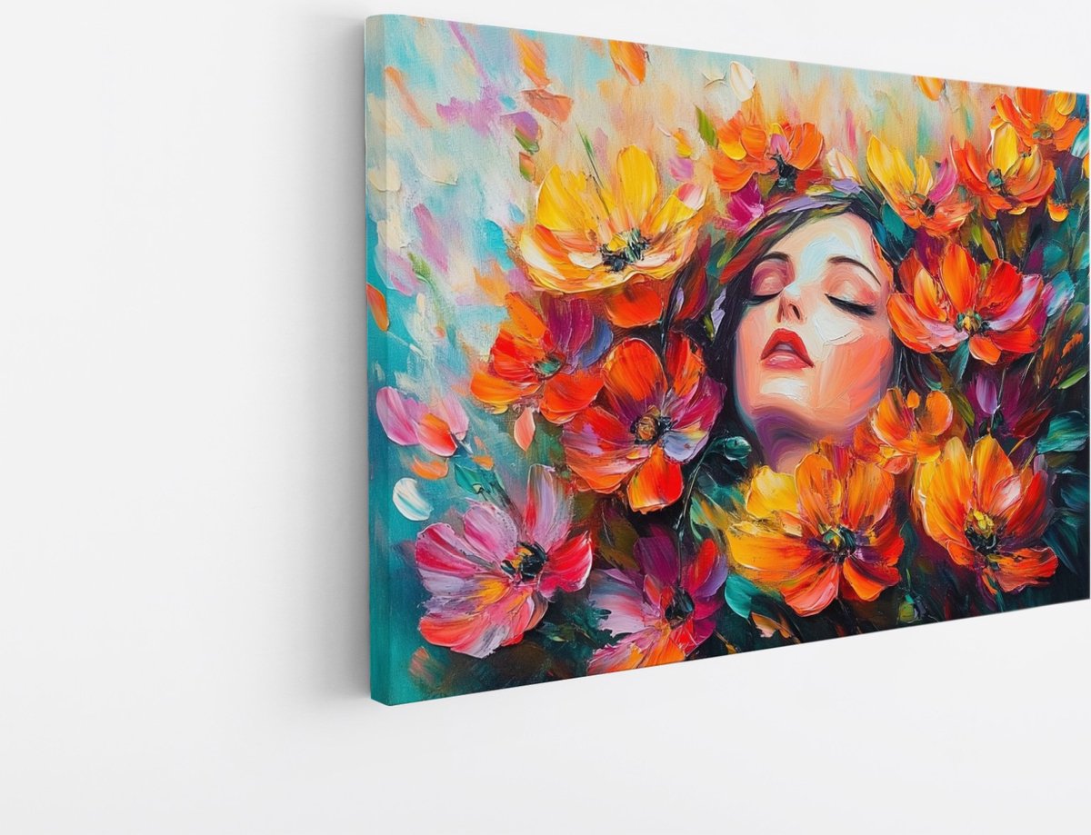 Saammp Canvas Schilderij - Oranje Roze Gekleurde Bloemen - Kleurrijk - Natuur - Abstract - 90x60 - Foto op canvas - Wanddecoratie - Muurdecoratie Woonkamer - Kantoor Decoratie Multicolor