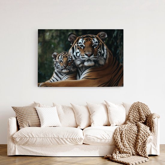 Saammp Canvas Schilderij - Tijger welp met moeder - Natuur - Dieren - 150x100 - Foto op canvas - Wanddecoratie - muurdecoratie Woonkamer - Slaapkamer decoratie - Canvas Print