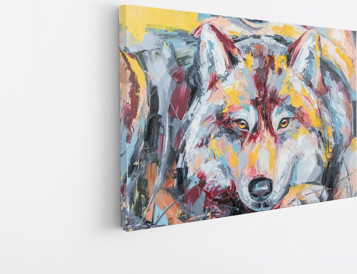 Saammp Canvas Schilderij - Abstract Kleurrijke Wolf - Natuur - Dieren - 150x100 - Foto op canvas - Wanddecoratie - Muurdecoratie Woonkamer - Slaapkamer decoratie - Canvas Print Multicolor